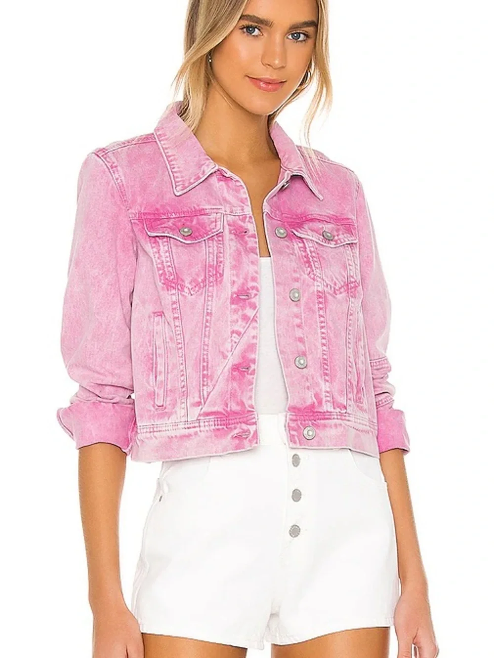 Free People Pink Cropped Denim Jacket - Picture 1 of 2